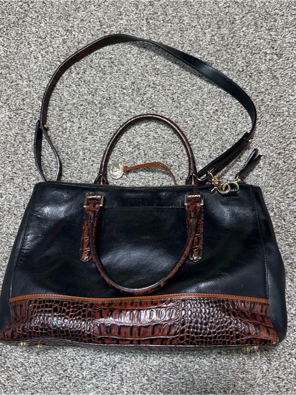 Brahmin Black Leather Satchel Shoulder Bag Brown Croc Embossed Trim Purse - Picture 9 of 16